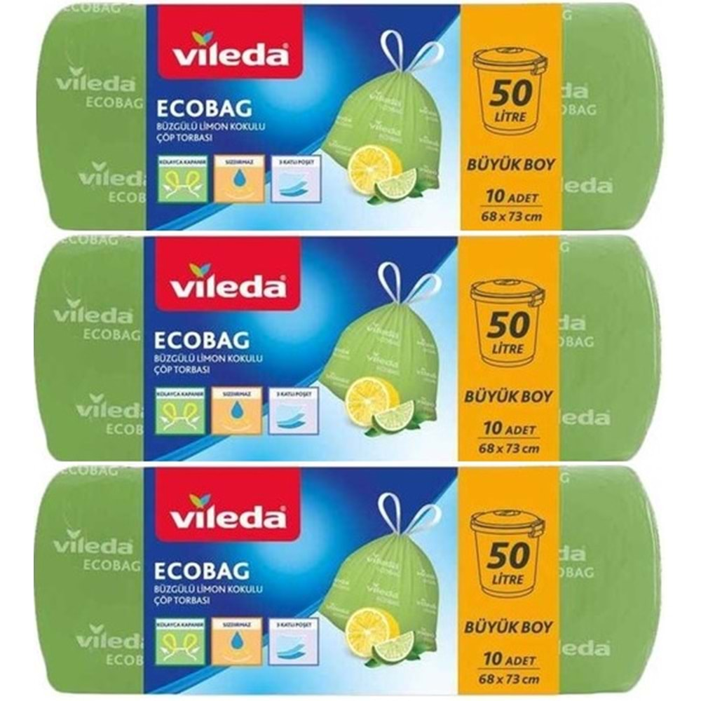 Vileda Ecobag Büzgülü Çöp Torbası Limon Kokulu 68X73CM Büyük Boy 30 Lu Set (3PK*10)