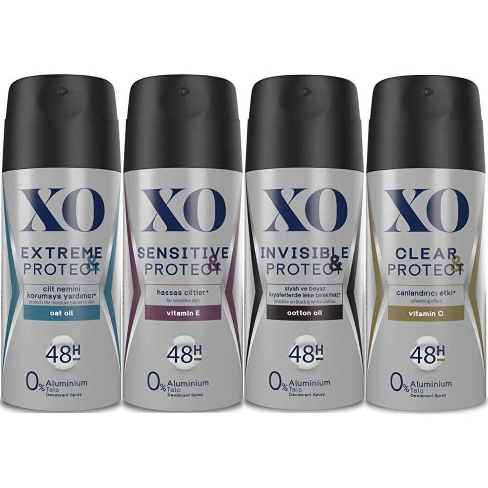 XO Deodorant 150ML Men-Erkek Extreme-Sensitive-Insivible-Clear & Protect (Karma 4 Lü Set)