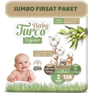 Baby Turco Bebek Bezi Doğadan Beden:2 (3-6Kg) Mini 126 Adet Jumbo Fırsat Pk