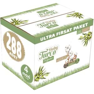 Baby Turco Bebek Bezi Doğadan Beden:4 (8-14Kg) Maxi 288 Adet Ultra Fırsat Pk