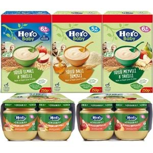 Hero Baby Kaşık Maması 250GR Sütlü Meyveli - Elmalı 8 Tahıllı - Ballı İrmikli +8 Adet Kavanoz Maması