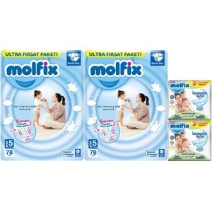 Molfix Bebek Bezi Beden:5 (11-18Kg) Junior 156 Adet Ekonomik Ultra Fırsat Pk+6 Adet Islak Mendil