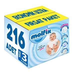 Molfix Bebek Bezi Beden:3 (4-9Kg) Midi 216 Adet Ekonomik Ultra Fırsat Pk