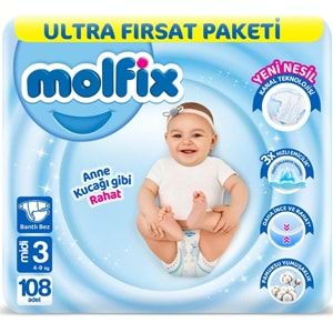 Molfix Bebek Bezi Beden:3 (4-9Kg) Midi 216 Adet Ekonomik Ultra Fırsat Pk