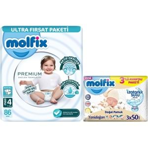 Molfix Premium Bebek Bezi Beden:4 (7-14KG) Maxi 86 Adet Ultra Fırsat Pk + 3 Adet Islak Mendil