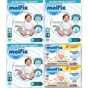 Molfix Premium Bebek Bezi Beden:4 (7-14KG) Maxi 258 Adet Ultra Fırsat Pk + 6 Adet Islak Mendil