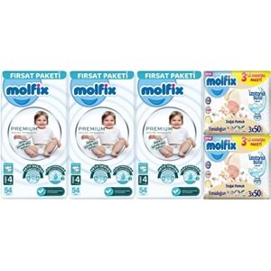 Molfix Premium Bebek Bezi Beden:4 (7-14KG) Maxi 162 Adet Fırsat Pk + 6 Adet Islak Mendil