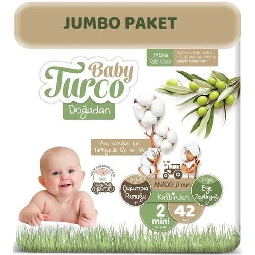 Baby Turco Bebek Bezi Doğadan Beden:2 (3-6KG) Mini (Göbek Bağı Oyuntulu) 42 Adet Jumbo Pk