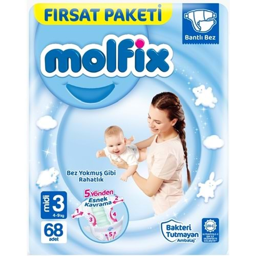 Molfix Bebek Bezi Beden:3 (4-9Kg) Midi 68 Adet Fırsat Pk