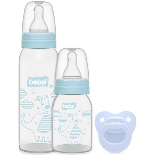 Bebsi Biberon ve Emzik Seti Cam Mavi (250ML+ 125ML+ Emzik)