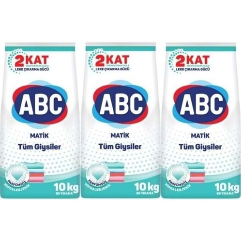 Abc Matik Toz Çamaşır Deterjanı 30KG (3PK*10KG) Parfümsüz/Hipoalerjenik Tüm Giysiler (198 Yıkama)