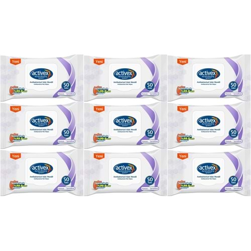 Activex Antibakteriyel Islak Havlu Mendil Hassas 50 Yaprak 9 Lu Set (450 Yaprak) Plastik Kapaklı