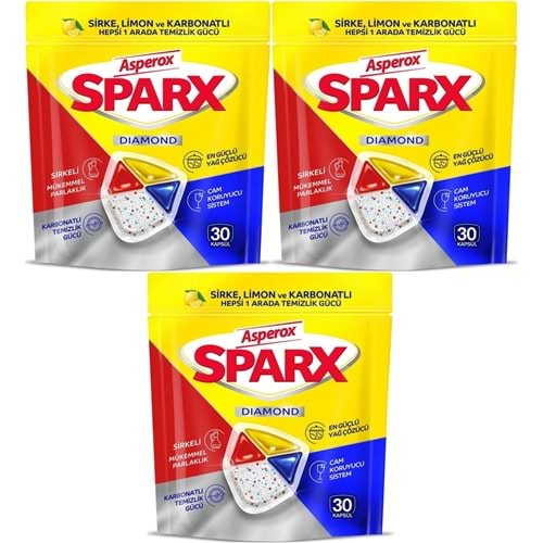 Asperox Sparx Bulaşık Makinesi Kapsülü 90 Adet Hepsi 1 Arada (Sirke-Limon-Karbonatlı) (3PK*30)