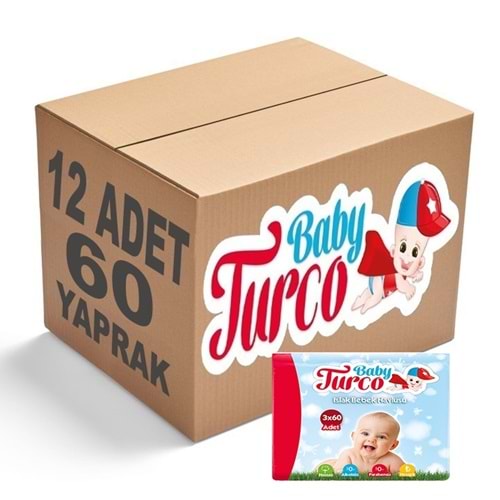 Baby Turco Islak Havlu Mendil Klasik (12 li Set) 60 Yaprak Plastik Kapaklı (4PK*3)