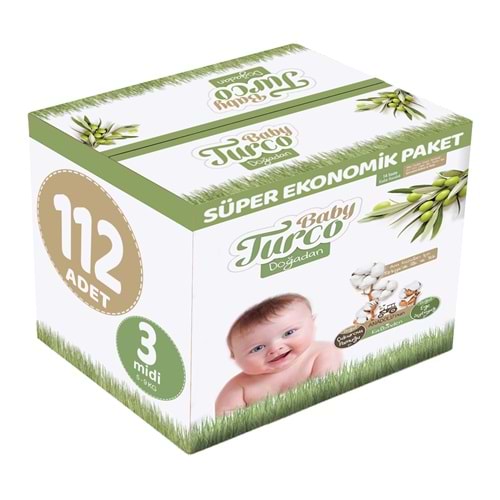 Baby Turco Bebek Bezi Doğadan Beden:3 (5-9KG) Midi 112 Adet Süper Ekonomik Pk
