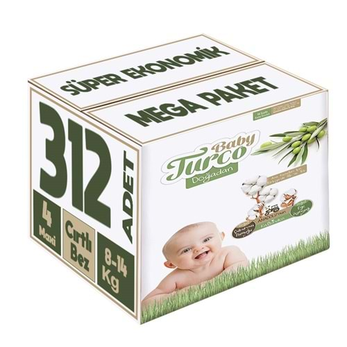 Baby Turco Bebek Bezi Doğadan Beden:4 (8-14KG) Maxi 312 Adet Süper Ekonomik Mega Pk