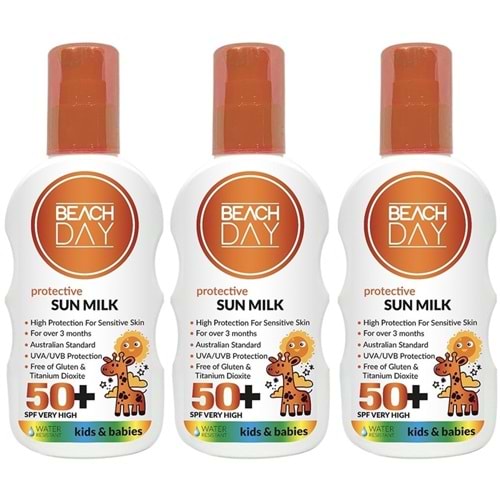 Beach Day Koruyucu Sun Mılk Süt Losyon 50+ F (Bebek & Çocuk) 150ML Sprey (3 Lü Set)