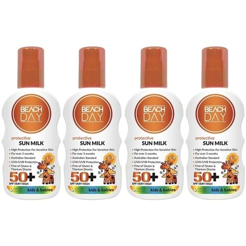 Beach Day Koruyucu Sun Mılk Süt Losyon 50+ F (Bebek & Çocuk) 150ML Sprey (4 Lü Set)