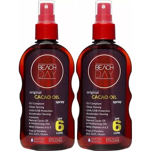 Beach Day Bronzlaştırıcı Cacao Oıl Kakao Yağ Hindistan Cevizi Suya Dayanıklı 6F 150ML Sprey (2 Li Set)