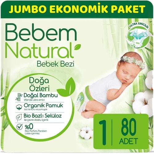 Bebem Bebek Bezi Natural Jumbo Ekonomik Pk Beden:1 (2-5Kg) Yenidoğan 80 Adet