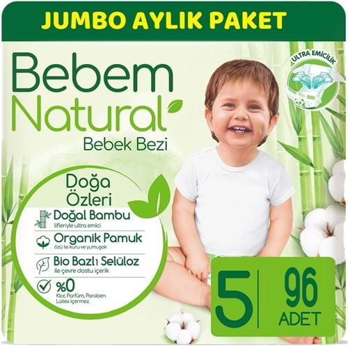 Bebem Bebek Bezi Natural Jumbo Aylık Pk Beden:5 (11-18Kg) Junior 96 Adet