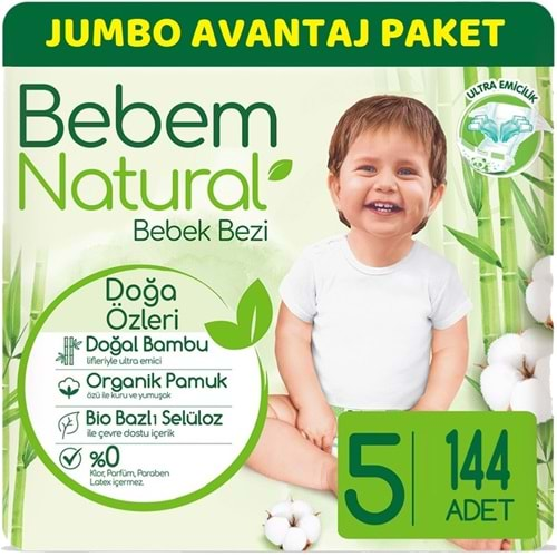 Bebem Bebek Bezi Natural Jumbo Avantaj Pk Beden:5 (11-18Kg) Junior 144 Adet