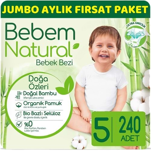 Bebem Bebek Bezi Natural Jumbo Aylık Fırsat Pk Beden:5 (11-18Kg) Junior 240 Adet