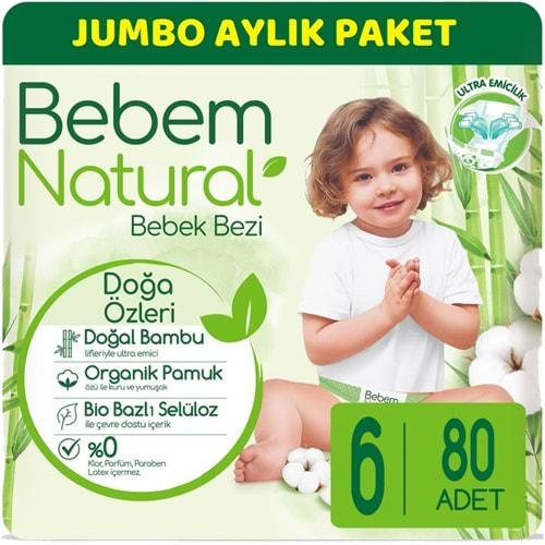 Bebem Bebek Bezi Natural Jumbo Aylık Pk Beden:6 (15+Kg) Ekstra Large 80 Adet