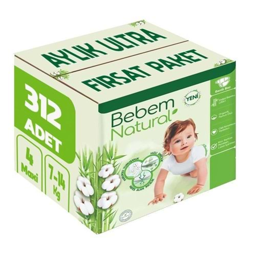 Bebem Bebek Bezi Natural Beden:4 (7-14KG) Maxi 312 Adet Aylık Ultra Fırsat Pk