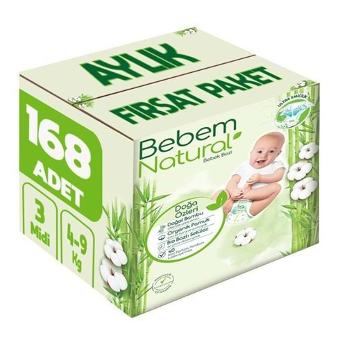 Bebem Bebek Bezi Natural Beden:3 (4-9Kg) Midi 168 Adet Aylık Fırsat Pk