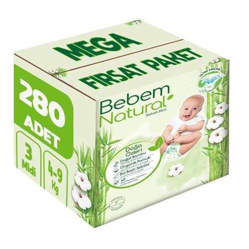 Bebem Bebek Bezi Natural Beden:3 (4-9Kg) Midi 280 Adet Mega Fırsat Pk