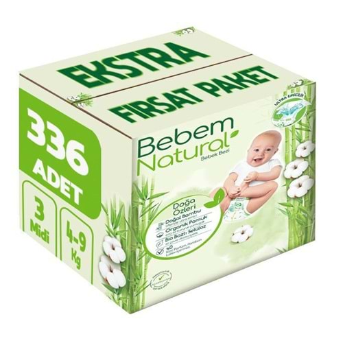 Bebem Bebek Bezi Natural Beden:3 (4-9Kg) Midi 336 Adet Ekstra Fırsat Pk