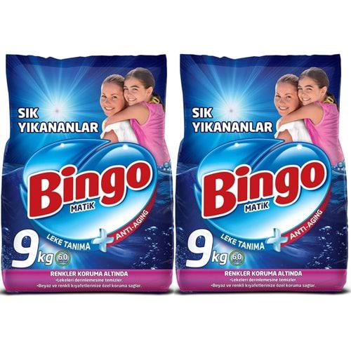 Bingo Matik Toz Çamaşır Deterjanı 18KG Sık Yıkananlar Beyazlar ve Renkliler (2PK*9KG) 120 Yıkama