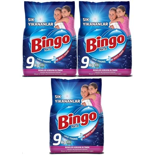 Bingo Matik Toz Çamaşır Deterjanı 27KG Sık Yıkananlar Beyazlar ve Renkliler (3PK*9KG) 180 Yıkama