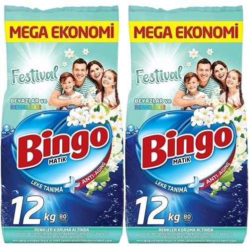 Bingo Matik Toz Çamaşır Deterjanı 24KG Festival Beyazlar ve Renkliler (2PK*12KG) (160 Yıkama)