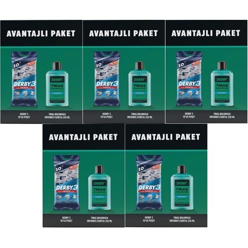 Derby 3 Bıçaklı Traş Bıçağı 10 Lu Pk + Traş Kolonyası 250ML Hediyeli (5 Li Set)