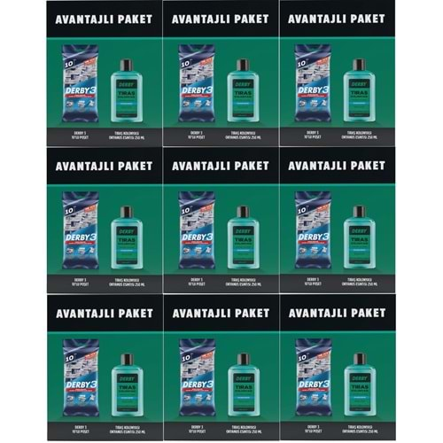 Derby 3 Bıçaklı Traş Bıçağı 10 Lu Pk + Traş Kolonyası 250ML Hediyeli (9 Lu Set)