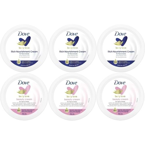 Dove Besleyici El ve Vücut Bakım Kremi 250ML (Rich Nourishment Cream+ Beauty Cream) Karma (6 Lı Set)