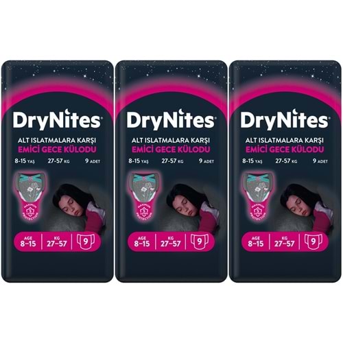 Drynites Emici Gece Külodu/Külot Bez Kız 8-15 Yaş (27-57KG) Large 27 Adet (3PK*9) (Alt Islatmalara Karşı)