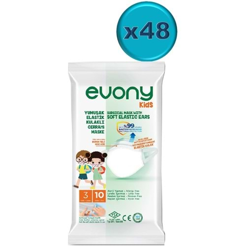 Evony 3 Katlı Filtreli Burun Telli Cerrahi Maske (Kids Çoçuklar İçin) 480 Li Set (48Pk*10) (Desenli)