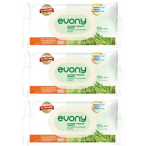 Evony Hijyenik Temizlik Islak Havlu Mendil 50 Yaprak Plastik Kapaklı (3 Lü Set) 150 Yaprak