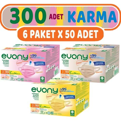 Evony 3 Katlı Filtreli Burun Telli Cerrahi Maske 300 Lü Set Karma Small/Medium (Sarı/Pembe/Bej)