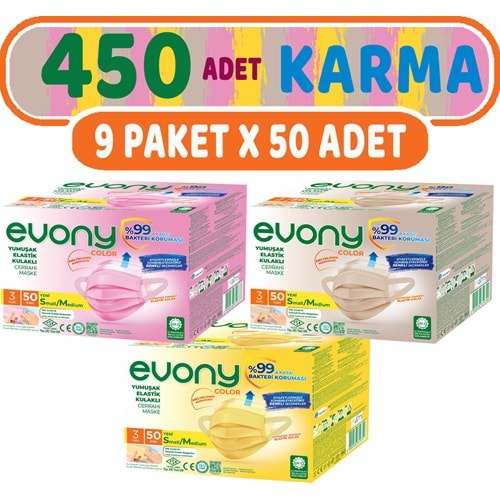 Evony 3 Katlı Filtreli Burun Telli Cerrahi Maske 450 Li Set Karma Small/Medium (Sarı/Pembe/Bej)