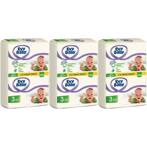 Evy Baby Bebek Bezi Beden:3 (5-9Kg) Midi 204 Adet (3 Lü Set) (2 Li Fırsat Pk Serisi)