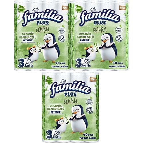 Familia Plus Tuvalet Kağıdı 3 Katlı 120 Li Paket Natural Organik Bambu Özlü (3PK*40)