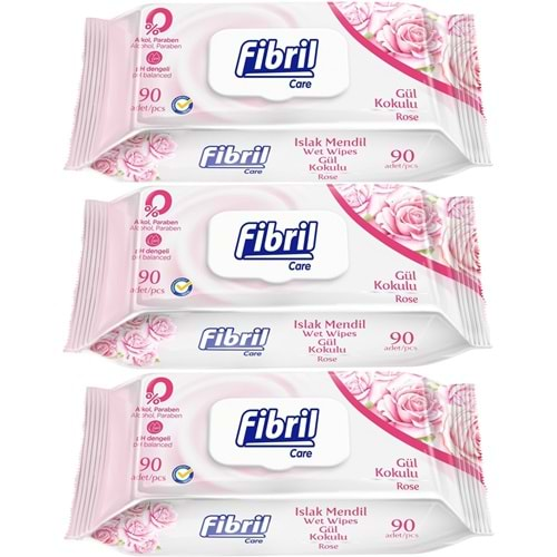 Fibril Islak Havlu Mendil 90 Yaprak Gül Plastik Kapaklı (3 Lü Set) 270 Yaprak