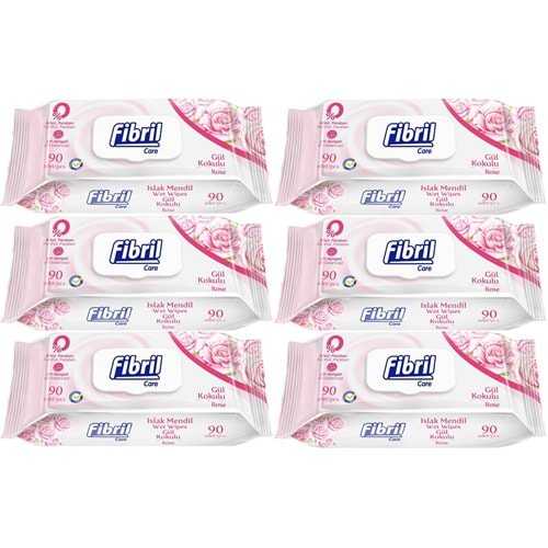 Fibril Islak Havlu Mendil 90 Yaprak Gül Plastik Kapaklı (6 Lı Set) 540 Yaprak