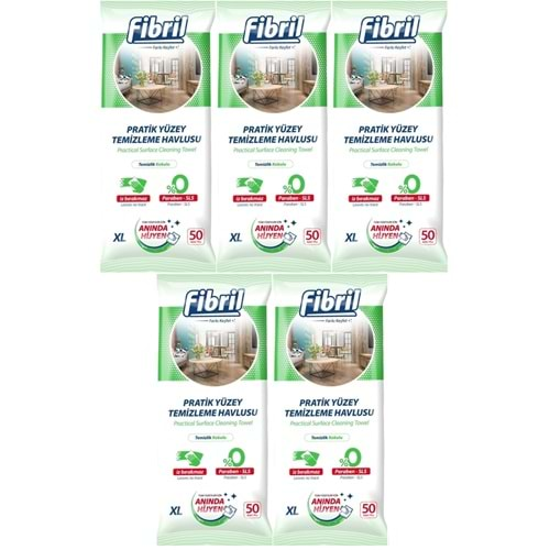 Fibril Yüzey Temizlik Havlusu 50 Yaprak XL Temizlik Kokulu 5 Li Set 250 Yaprak Plastik Kapaklı