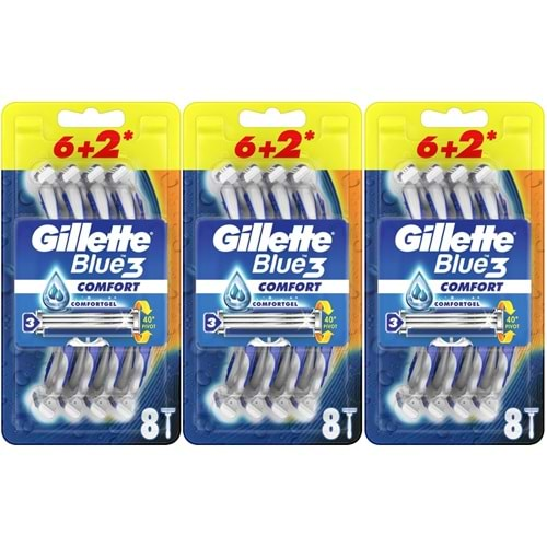 Gillette Blue3 Comfort Kullan At Tıraş Bıçağı (6+2) Toplam 24 Adet (Avantaj Pk) (3 Lü Set)