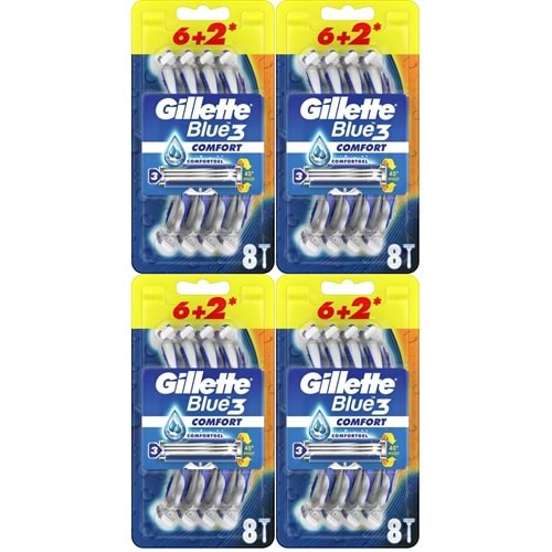 Gillette Blue3 Comfort Kullan At Tıraş Bıçağı (6+2) Toplam 32 Adet (Avantaj Pk) (4 Lü Set)